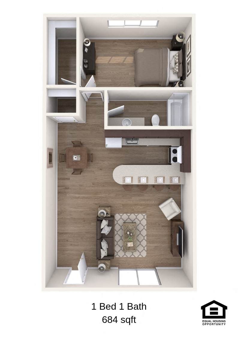 Floor plan for 1 bed, 1 bath, 684 sqft